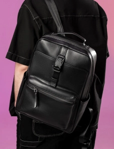 Рюкзак MIRATON шкіряний чорний із зовнішньою кишенею - фото  - Miraton