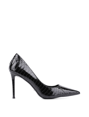 Женские туфли оcтрый носок черные из кожи змеи - фото 1 - Miraton