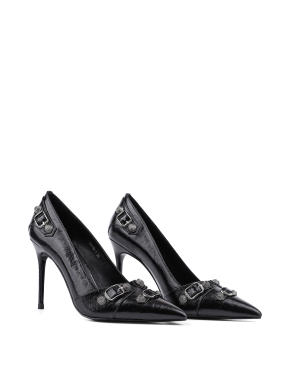 Женские туфли с острым носком черные кожаные - фото 3 - Miraton