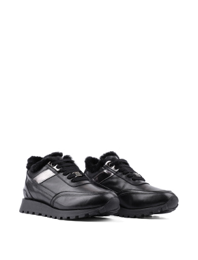 Жіночі кросівки раннери чорні шкіряні з підкладкою із натурального хутра - фото 3 - Miraton