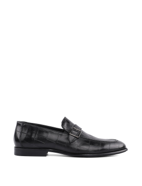 Мужские туфли монки кожаные черные с тиснением крокодил - фото 1 - Miraton