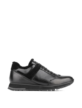 Мужские кроссовки черные кожаные с подкладкой из натурального меха - фото 1 - Miraton