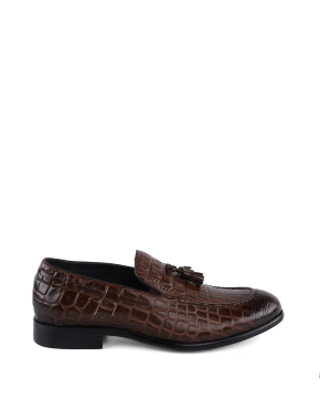Мужские туфли лоферы кожаные коричневые с тиснением крокодил - фото 1 - Miraton