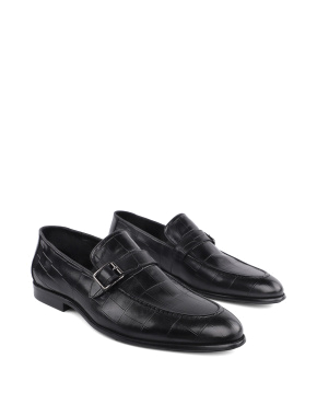 Мужские туфли монки кожаные черные с тиснением крокодил - фото 2 - Miraton