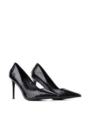 Женские туфли оcтрый носок черные из кожи змеи - фото 3 - Miraton