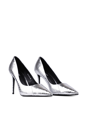Женские туфли с острым носком серебряные из кожи змеи - фото 3 - Miraton