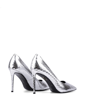 Женские туфли с острым носком серебряные из кожи змеи - фото 4 - Miraton