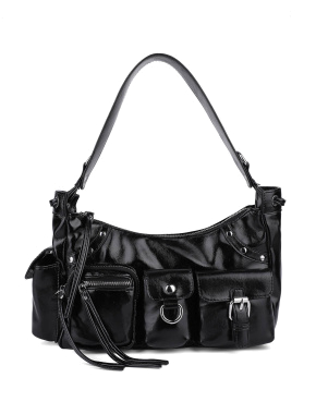 Жіноча сумка карго MIRATON з екошкіри чорна з накладними кишенями - фото 1 - Miraton