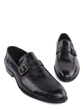 Мужские туфли монки кожаные черные с тиснением крокодил - фото 5 - Miraton